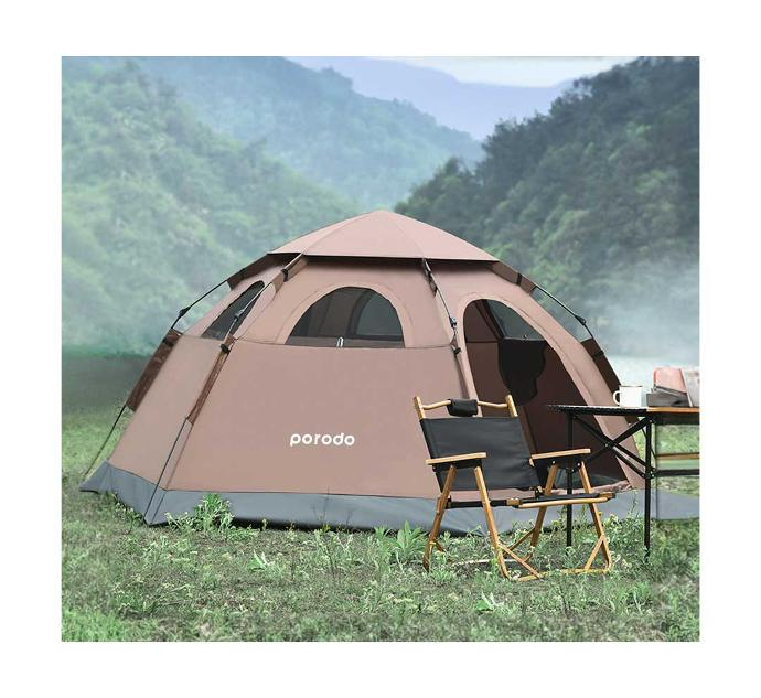 PORODO LIFESTYLE 4-PERSON EASY POP-UP AUTOMATIC CAMPING TENT - LIGHT BROWN