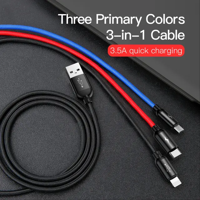 كابل USB 3 في 1 لأجهزة iPhone، من النوع C، ومايكرو، بطول 1.2 متر - BASEUS