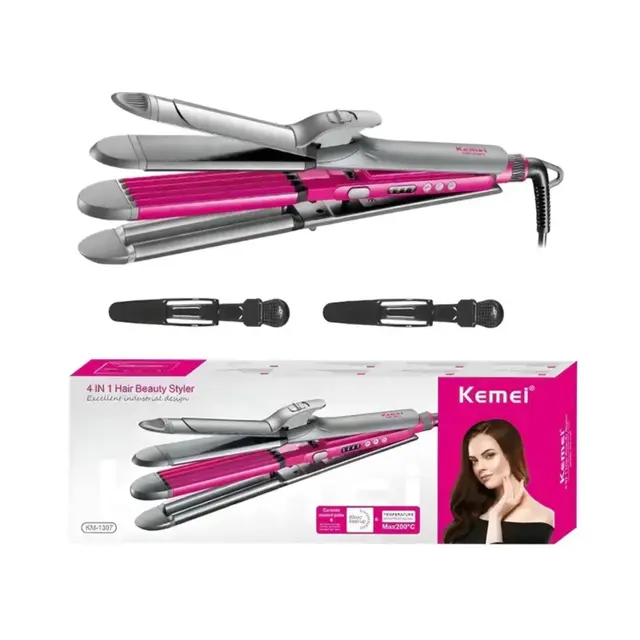 Kemei KM-1397 4-in-1 Multi-Function Hairdresser for Curling, Straightening, Clipping, and Hippie Styles