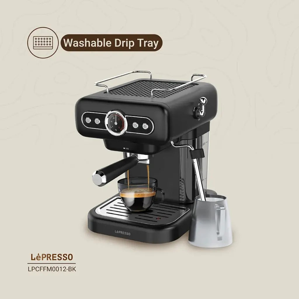 LePresso coffee machine with portafilter and tamper tool.