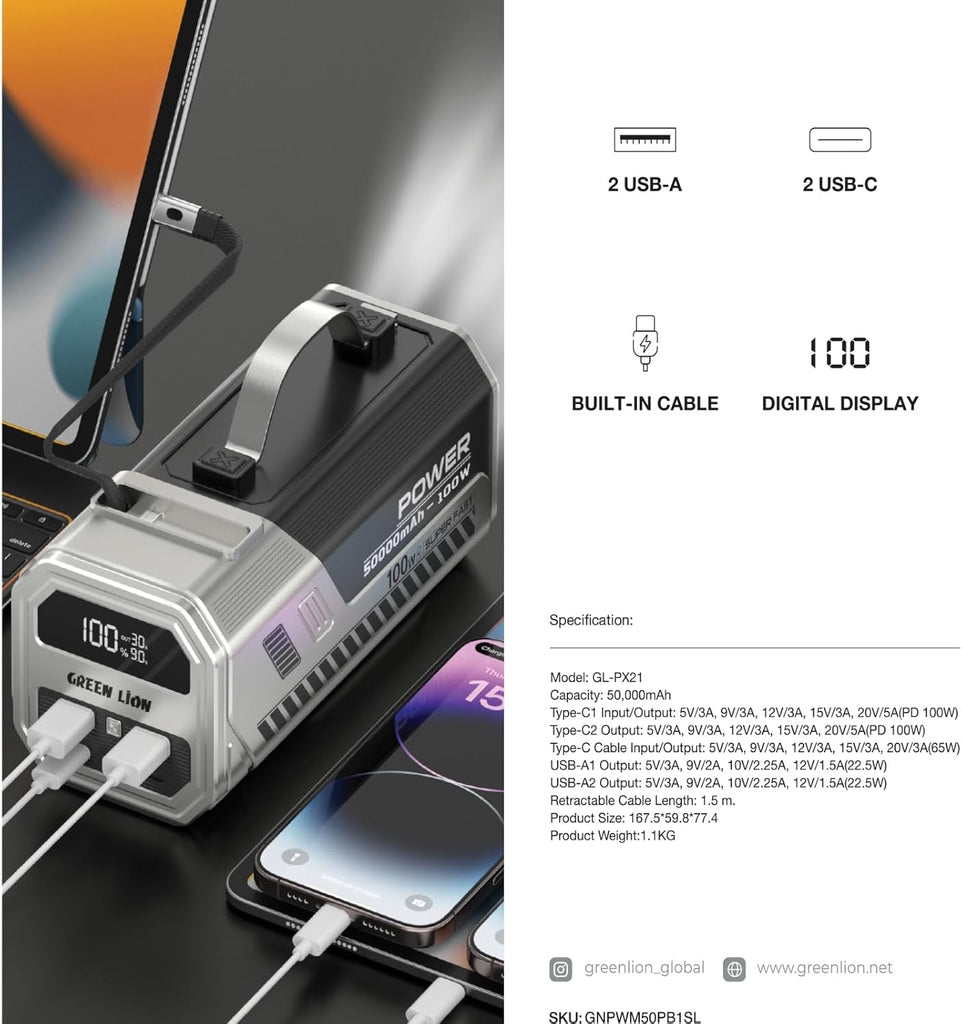Green Lion Power Max Power Bank With High Lumens LED Flash Light, 50K mAh, 100W Fast Charging, Retractable Cable, Digital Display, Multi Device Charging - Silver