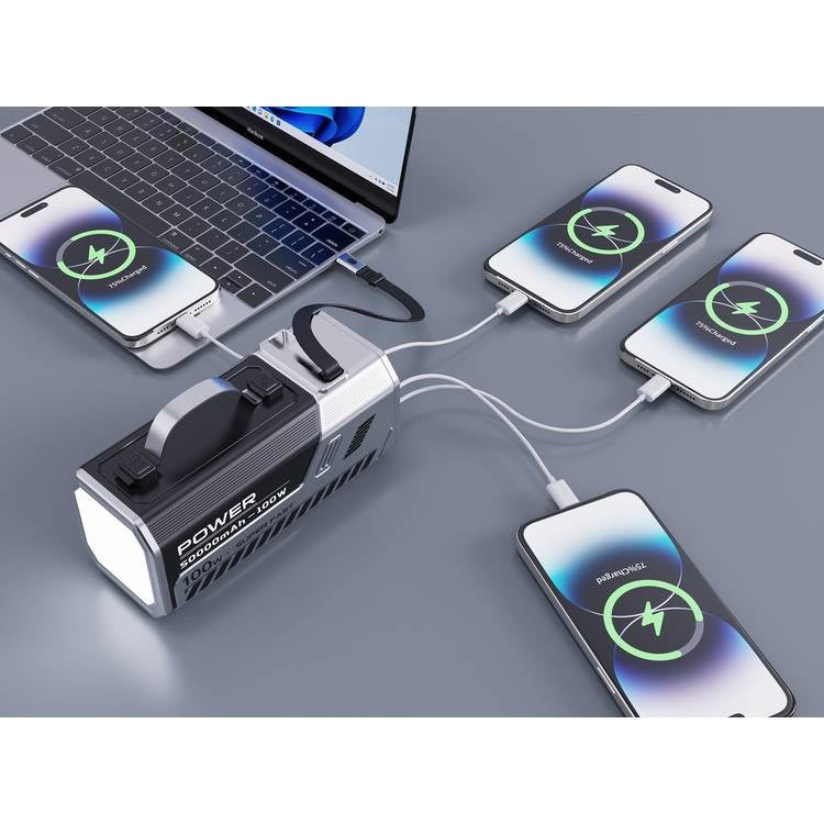 Green Lion Power Max Power Bank With High Lumens LED Flash Light, 50K mAh, 100W Fast Charging, Retractable Cable, Digital Display, Multi Device Charging - Silver