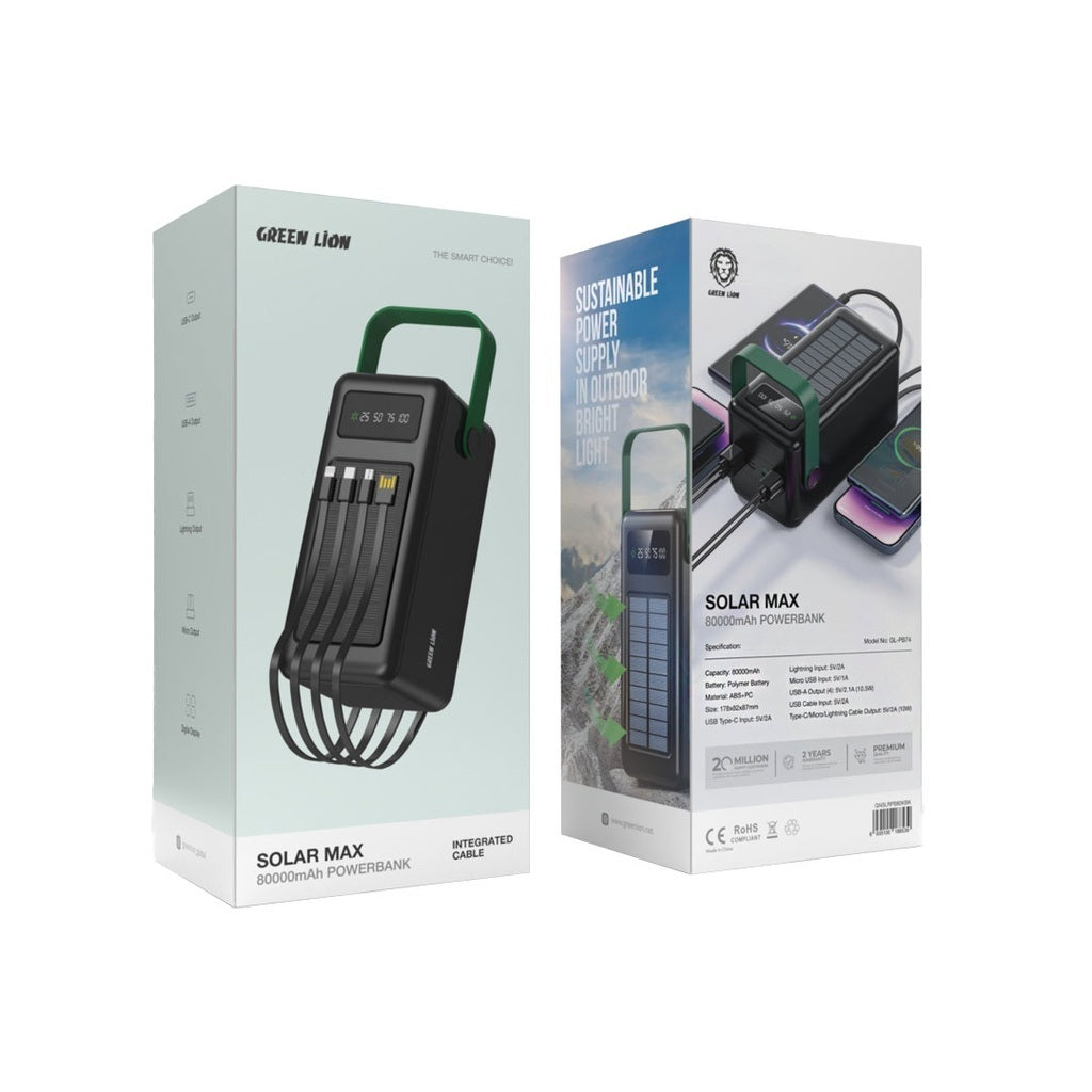 Solar Max 80000mAh Powerbank with Cables - Green lion 8539