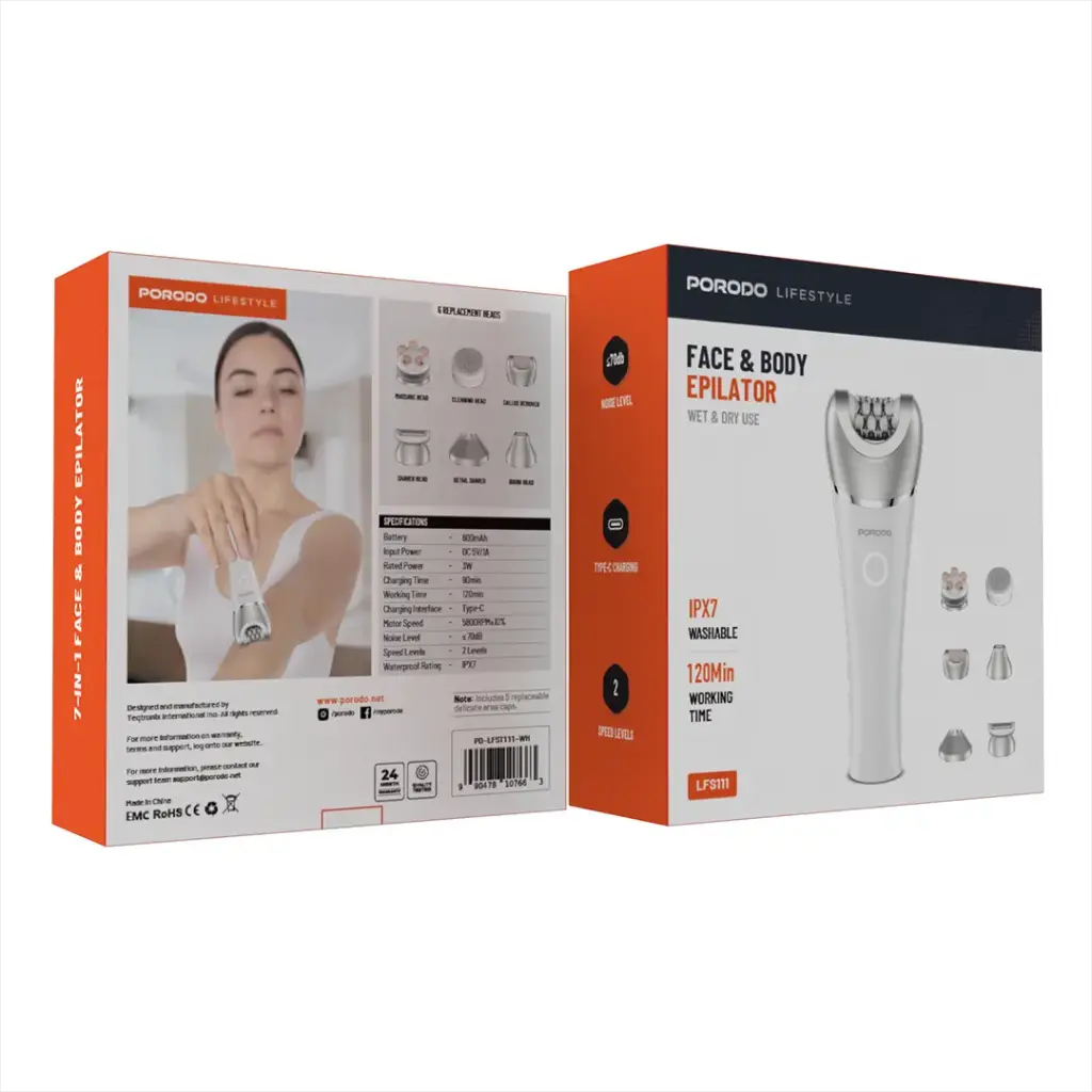 Face & Body Epilator (Wet & Dry Use, IPX7 Washable, 6 Replacement Head) - Porodo 7663
